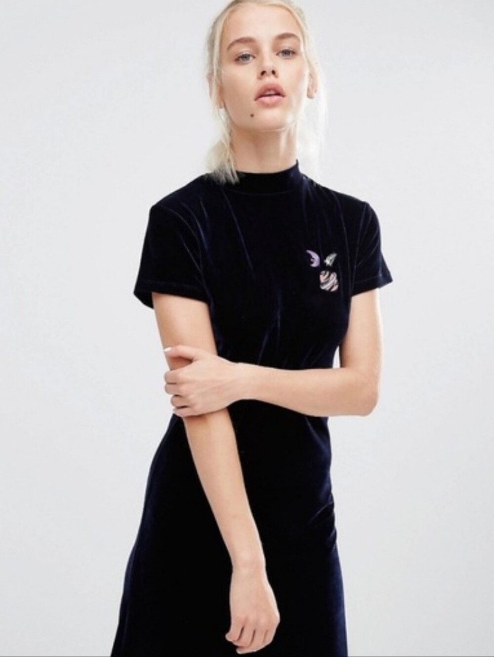 Lazy Oaf Navy Velvet Dress with Embroidered Detail Planet